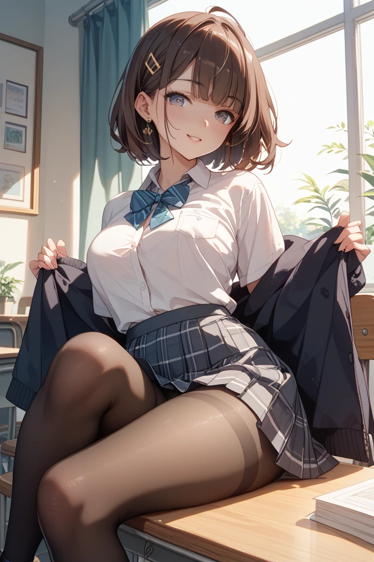 (best quality, 8k, highres, photorealistic:2.0), (solo, one girl:2.0),(lighting: strong),(lighting: front),(very muscular girl:2.0),(bodybuilder girl:1.5),(shiny skin:1.5),(brown hair color:1.5),(Bend your legs and open your thighs:1.8),(black loafers:1.5),(light blue blouse:1.6),(collar blouse:1.2),(long sleeve light blue blouse:1.3),((tight blouse:1.7)),(Emphasize cleavage:1.2),(short socks),(white socks:1.1),((blue pleated skirt)),((blue skirt)),((Wearing cute panties)),((Girl leaning on an old leather sofa)), very beautiful Japanese  girl, Blush brown makeup , dark eye makeup,(Hold your loosely clenched fist in front of your face:1.7),(girl with open mouth:1.4),(Instructing viewers to perform a self ????????),(Gesture to give you a ????????:1.3),(???? Off Instruction for viewers),(very smiling girl),(Instructing viewers to masturbate themselves:1.3)