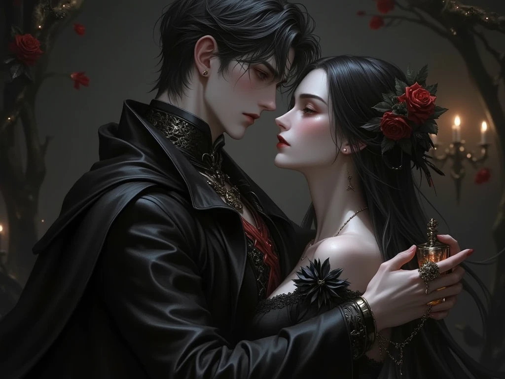high resolution, Masterpiece, Anatomically correct, best quality, Honored many times, details, detailsสูง, โมเดลhigh resolution, realistic textures, high resolutionสุด, lover , rose garden, Man, black hair, black and white shirt with open chest, Women, black hair, long hair, red dress, sexy, Mouth open, shut your mouth, brown eyes, Rose background