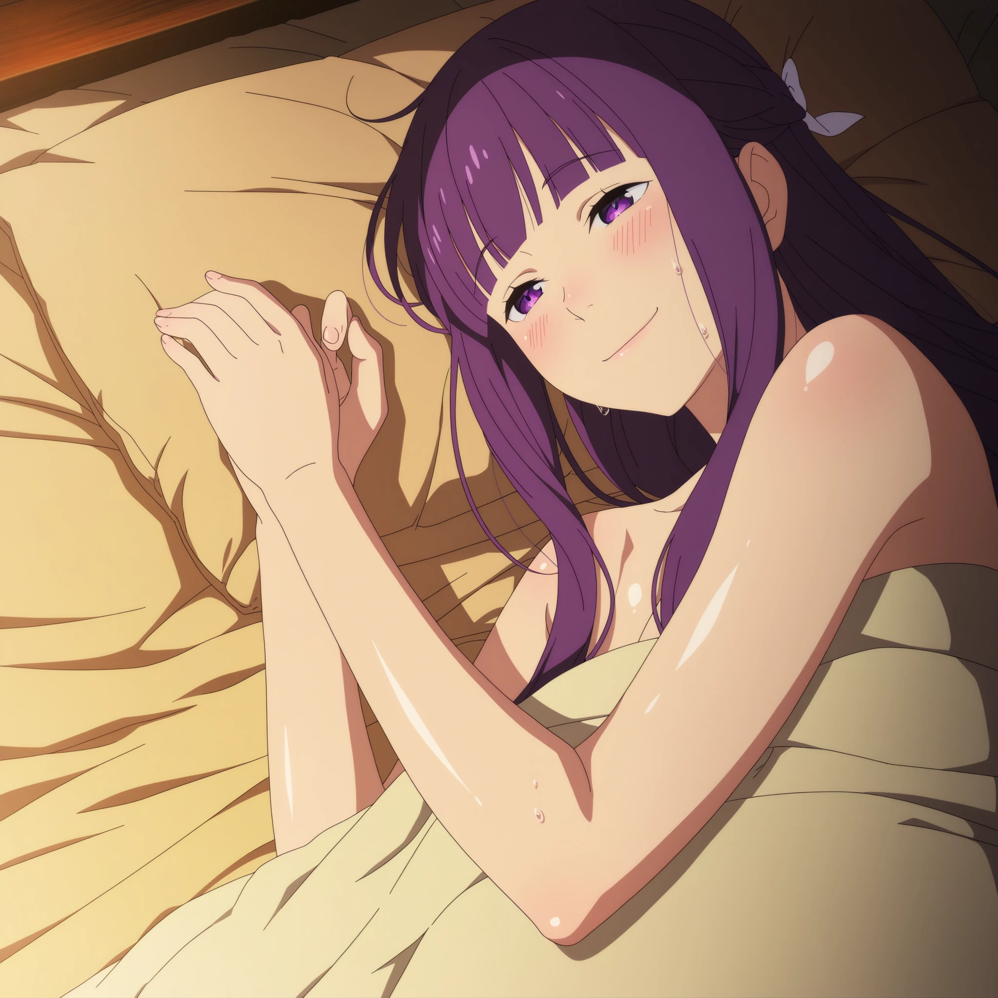 (best quality,4k,8k,highres,masterpiece:1.2),ultra-detailed,realistic,,anime,pastel colors,soft lighting,shiny skin, posing, (warm ambiance),
soufrie,,,,,,, fern , stark, anime coloring, rezero_style, ()
rezero_style, anime screencap,, )
,,,,,, indoor, ,,, , , ,,, , blushing, sweat, , , , totaly naked, , bedroom,,, lying on bed, sweat, blushing, smile, lying together, couple