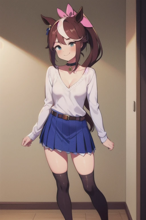 masterpiece, maple pines, Brown hair, long hair, hair band, flat chest, smile, Braces, Sweater, skirt, shoes, star print, hands on hips, in room, panties, pantyshot