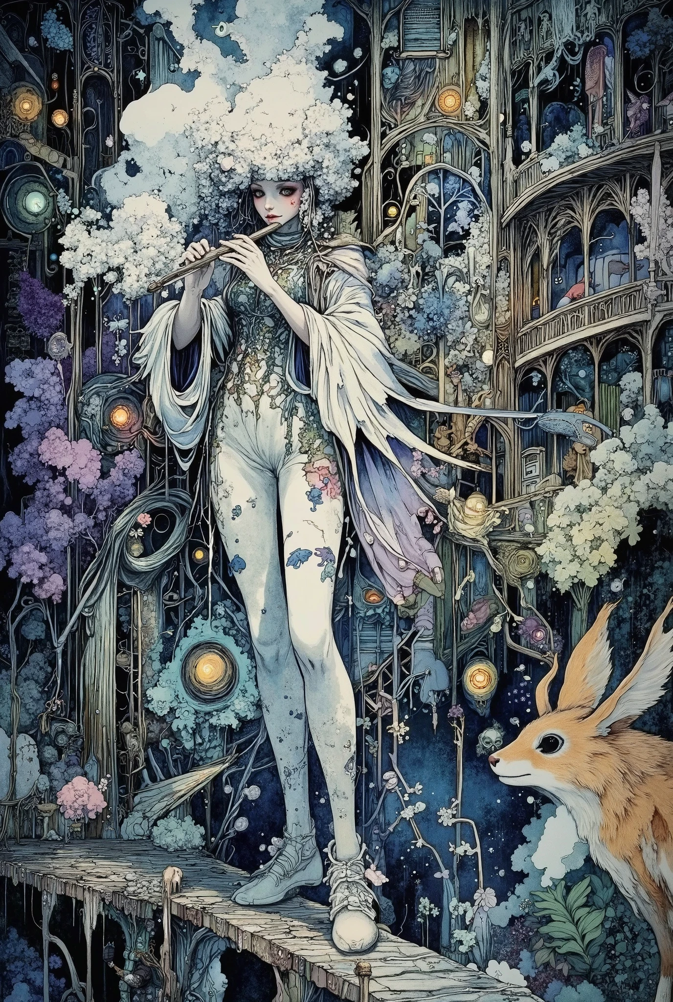 Dark fantasy painting: a detailed depiction of a utopian fantasy dream world with many subtle and impressive details: a floating ephemeral city woven of silver threads and luminescent patterns, where the Weavers of nightmares — disembodied creatures in translucent robes and moonstone masks — transform darkness into harmony.The scene depicts a Weaver playing a flute-like instrument and turning a shadow into golden fireflies.The Weaver- a tall dark creature with elongated, almost spider-like limbs, a cloak of smoke-moving shutters of darkness and pockets from which shadows flow, a bony, deathly pale face with sunken eye sockets, from the depths of which cold neon light pours. The surreal architecture resembles organic delicate amulets, and the bridges are made of flashes of frozen light. Bioluminescent, luxurious, fantastic plants bloom luxuriantly inside, with tiny dream scenes scattered in the night space, and hybrid creatures (owl, deer, butterfly fish) roam freely in the air. Color palette: iridescent dark blue, purple and poisonous green accents, lavender and pearl white with soft glow effects. Style: The combination of surreal Mobius landscapes and the whimsical, detailed, dreamlike atmosphere of Studio Ghibli, inspired by Zislav Beksinsky and Victorian Gothic prints, is a highly detailed digital painting. Breathtaking wonderful atmosphere of mystery and suspense.