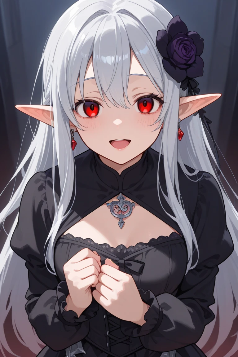 Anime, Looking into the camera, the elf girl, wearing a dark dress and outfit, Red eyes, big sweet smile, long white hair tied up, fair skin, wearing a pink gem necklace, wearing black stockings on her hands, wearing a black headband, curvy body, naughty, ages 18 years