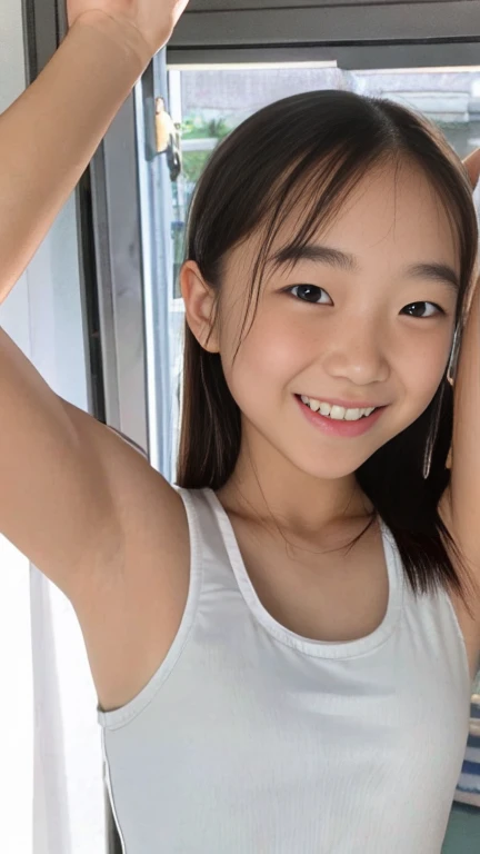 One Girl, short hair,Black Hair,smile, summer, room,Sitting on the bed, Raise your arms and stretch,5th grade elementary school, pink,Tank top,Upper body close-up,transparent, (masterpiece, Highest quality), Soft Light, Structure of the film, Cinematic