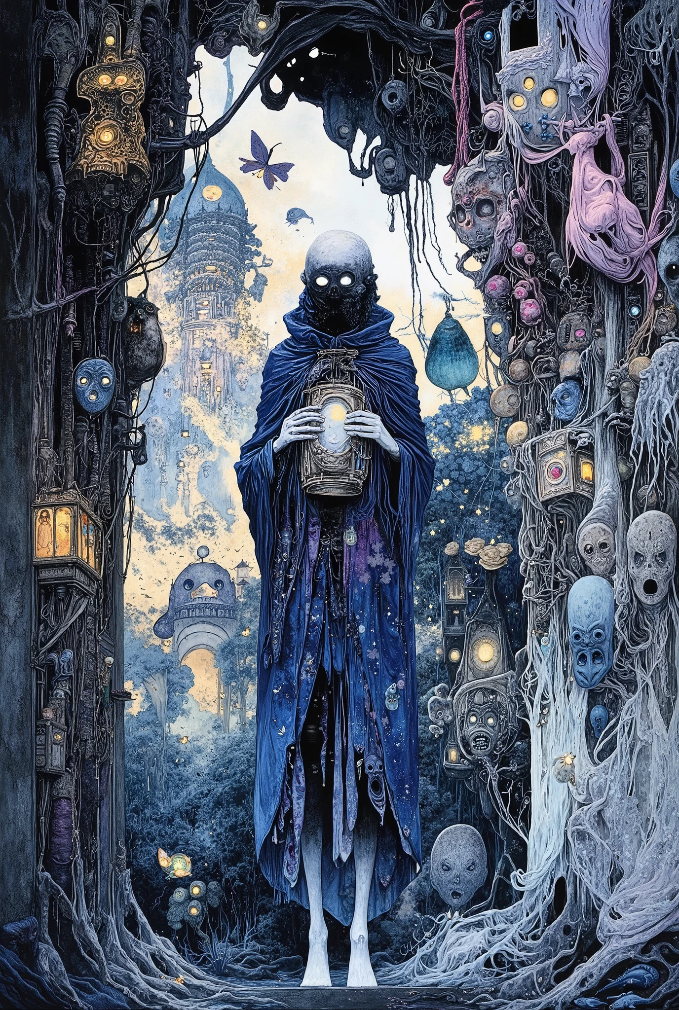 Dark fantasy painting: a detailed depiction of a utopian fantasy dream world with many subtle and impressive details: a floating ephemeral city woven of silver threads and luminescent patterns, where the Weavers of nightmares — disembodied creatures in translucent robes and moonstone masks — transform darkness into harmony.The scene depicts a Weaver playing a flute-like instrument and turning a shadow into golden fireflies.The Weaver- a tall dark creature with elongated, almost spider-like limbs, a cloak of smoke-moving shutters of darkness and pockets from which shadows flow, a bony, deathly pale face with sunken eye sockets, from the depths of which cold neon light pours. The surreal architecture resembles organic delicate amulets, and the bridges are made of flashes of frozen light. Bioluminescent, luxurious, fantastic plants bloom luxuriantly inside, with tiny dream scenes scattered in the night space, and hybrid creatures (owl, deer, butterfly fish) roam freely in the air. Color palette: iridescent dark blue, purple and poisonous green accents, lavender and pearl white with soft glow effects. Style: The combination of surreal Mobius landscapes and the whimsical, detailed, dreamlike atmosphere of Studio Ghibli, inspired by Zislav Beksinsky and Victorian Gothic prints, is a highly detailed digital painting. Breathtaking wonderful atmosphere of mystery and suspense.