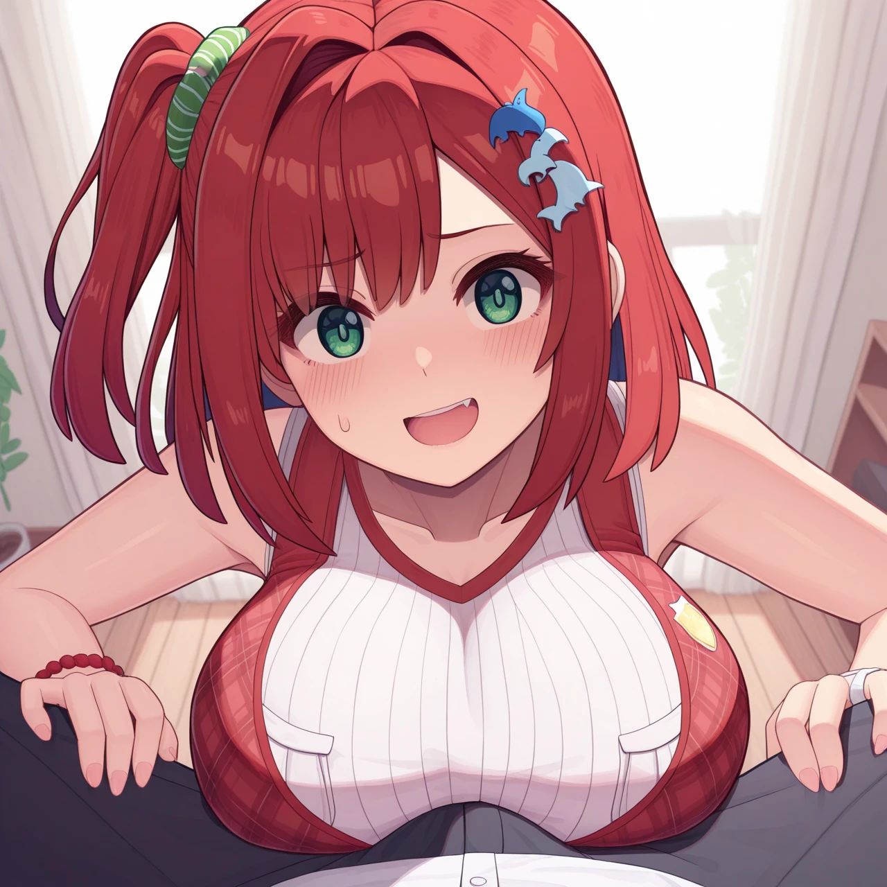 Hentai、High resolution、smile、Pretty Cure、Orange-haired, chubby, big-breasted magical girl spreads her legs at the aquarium to show off her sexual appeal、A vulgar and obscene dress for a magical girl, decorated with frills and ribbons.、Perfect proportions、Cowboy Shot、Belly button、Flabby belly、Big uterus tattoo、Fatty thick legs、Sweaty、Clear eyes