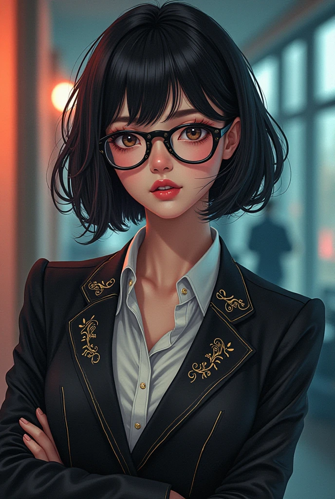 Sexy woman, Bob hair, Brown hair, red glasses, closed eyes, black eyes, red lipstick, small breast, curvy, White formal shirt, black skirt, black formal jacket