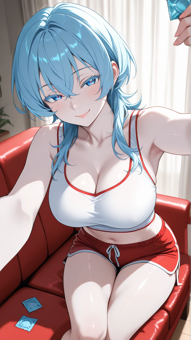score_9, score_8_up, score_7_up, BREAK from above:1.5 ,,(girl sit on chair,on your back),(selfie),1girl,bulma, blue eyes, blue hair,bare shoulders, belt, cleavage, hair bobbles, hair ornament, hair over shoulder,large breast,midriff, navel, one side up, red tube top, shorts, side ponytail, (strapless, tube top,under_boob:1.2),looking at viewer,facial expression,sharp eye,smile,masterpiece, best quality,  detailed body, highly detailed, anime coloring.anime,[anime_screencap:0.8] , highly detailed,