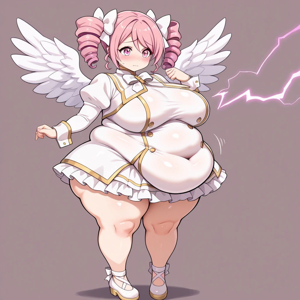 1girl, top heavy figure, (((incredibly big chest))), ((saggy chest)), plump, incredibly plump, ((big belly)), (((big tits))), pout, embarassed, wide, (((obese))), (((fat))), ((love handles)), double chin, out of shape, obese, fatty, shortstack, short woman, big bossom, ((milf)), small height, mature, standing, full body, bbw, ssbbw, takane lui, hair wings, blue eyes,hair between eyes, pink hair, necktie, pink bikini, black pantyhose, black gloves, high heels