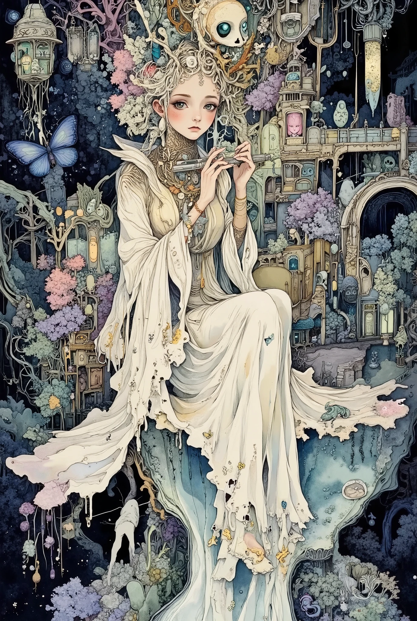 Dark fantasy painting: a detailed depiction of a utopian fantasy dream world with many subtle and impressive details: a floating ephemeral city woven of silver threads and luminescent patterns, where the Weavers of nightmares — disembodied creatures in translucent robes and moonstone masks — transform darkness into harmony.The scene depicts a Weaver playing a flute-like instrument and turning a shadow into golden fireflies.The Weaver- a tall dark creature with elongated, almost spider-like limbs, a cloak of smoke-moving shutters of darkness and pockets from which shadows flow, a bony, deathly pale face with sunken eye sockets, from the depths of which cold neon light pours. The surreal architecture resembles organic delicate amulets, and the bridges are made of flashes of frozen light. Bioluminescent, luxurious, fantastic plants bloom luxuriantly inside, with tiny dream scenes scattered in the night space, and hybrid creatures (owl, deer, butterfly fish) roam freely in the air. Color palette: iridescent dark blue, purple and poisonous green accents, lavender and pearl white with soft glow effects. Style: The combination of surreal Mobius landscapes and the whimsical, detailed, dreamlike atmosphere of Studio Ghibli, inspired by Zislav Beksinsky and Victorian Gothic prints, is a highly detailed digital painting. Breathtaking wonderful atmosphere of mystery and suspense.