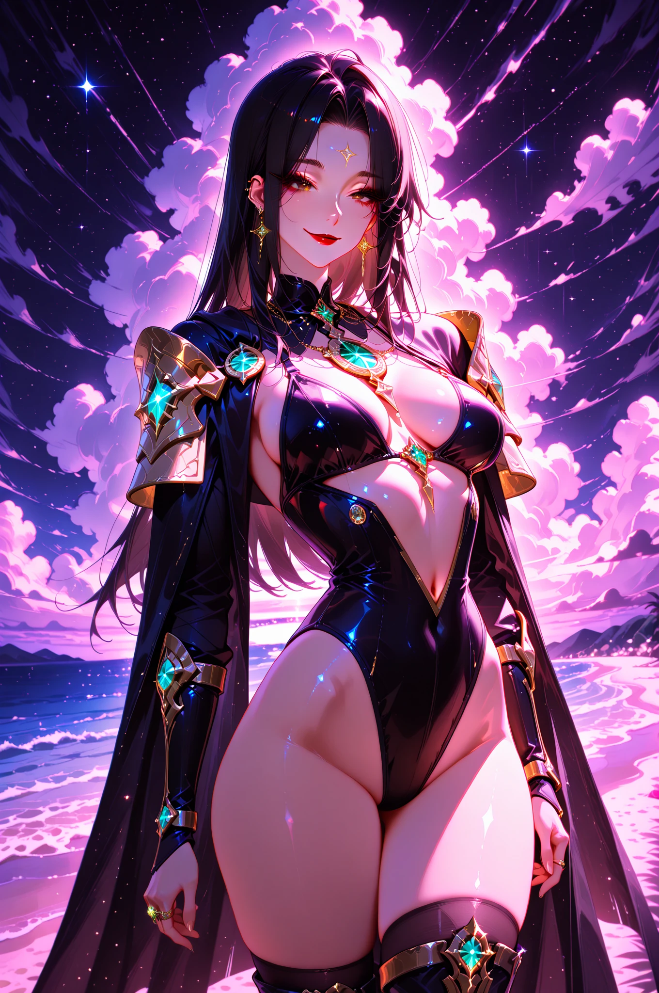 (best quality,highres:1.2),ultra-detailed,realistic,photorealistic:1.37,a beautiful girl (Albedo - Overlord) model in a pop style,18 years old,long legs,medium breasts,extremely detailed face (with emphasis on azure eyes),Her black-colored hair falls to her shoulders.She is dressed in soft translucent fabric clothes, more than half of her body is naked. The clothes emphasize her sexuality,bent down, lifting her ass to the top,there is an artfully executed Dragon tattoo on the right thigh of her leg, the girl stands in this angle (showing everyone her tattoo),illustration,colorful pop art style,dynamic lighting,neon colors.Nsfw