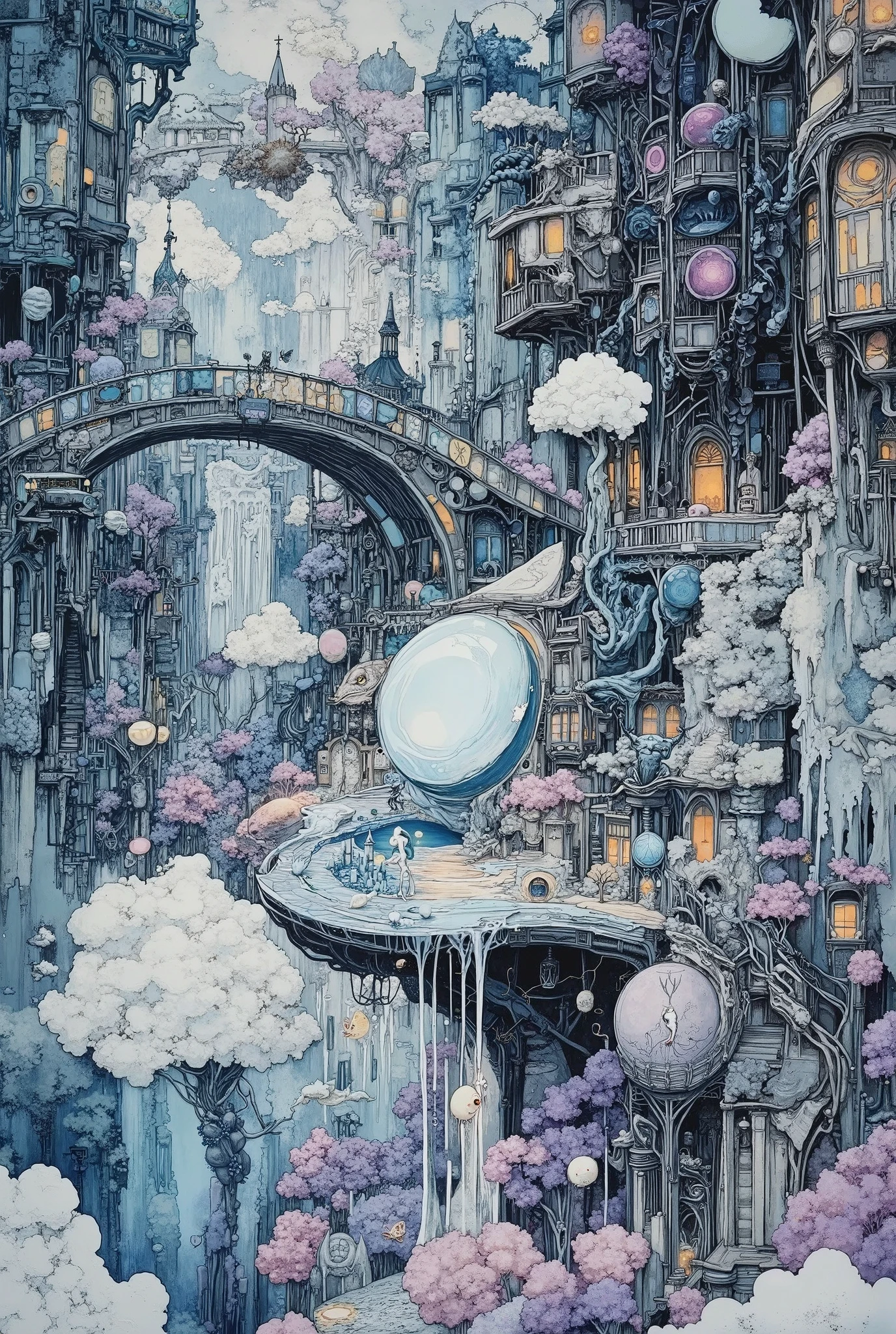 Dark fantasy painting: a detailed depiction of a utopian fantasy dream world with many subtle and impressive details: a floating ephemeral city woven of silver threads and luminescent patterns, where the Weavers of nightmares — disembodied creatures in translucent robes and moonstone masks — transform darkness into harmony.The scene depicts a Weaver playing a flute-like instrument and turning a shadow into golden fireflies.The Weaver- a tall dark creature with elongated, almost spider-like limbs, a cloak of smoke-moving shutters of darkness and pockets from which shadows flow, a bony, deathly pale face with sunken eye sockets, from the depths of which cold neon light pours. The surreal architecture resembles organic delicate amulets, and the bridges are made of flashes of frozen light. Bioluminescent, luxurious, fantastic plants bloom luxuriantly inside, with tiny dream scenes scattered in the night space, and hybrid creatures (owl, deer, butterfly fish) roam freely in the air. Color palette: iridescent dark blue, purple and poisonous green accents, lavender and pearl white with soft glow effects. Style: The combination of surreal Mobius landscapes and the whimsical, detailed, dreamlike atmosphere of Studio Ghibli, inspired by Zislav Beksinsky and Victorian Gothic prints, is a highly detailed digital painting. Breathtaking wonderful atmosphere of mystery and suspense.