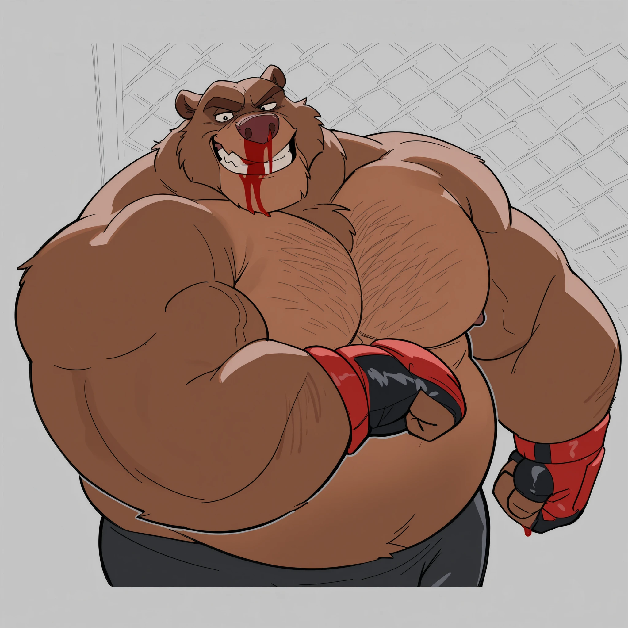 Super muscular boar beastman,,Wearing a uniform,Blindfold,A desperate and painful look,Mouth wide open with tongue sticking out,Face covered in semen,Getting cumshot in the face by some guys,Surrounded by huge, red and black erect penises
