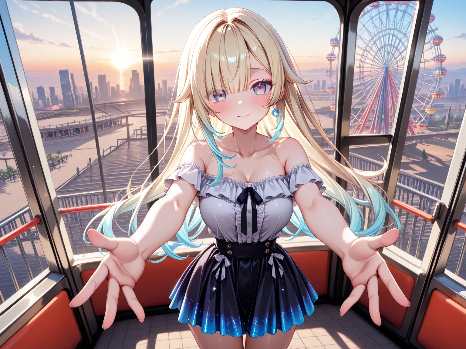 Official Art, masterpiece, Clear focus, (beautiful, Beautiful and cute Korean woman:1.3), (Beautiful and cute Korean:1.3), Korean beauty, 精致beautiful头发、Eyes and face, actual, Super detailed, beautiful女孩, Blue sky, Glowing white particles, (Side Light:1.2), Sunlight, White Cloud, Detailed clouds, Slim, Such a cute big ass, Smile with teeth bared, ((Smile with your eyes, Open your eyes)), landscape, Long straight hair, sexy facial expression, architecture, (city View:1.7), Dynamic Hair, very Long straight hair, Delicate blonde hair, Green Eyes, Pink skirt, Black socks, Pale skin, Hair accessories, epic landscape,，Black high heels，Nice ass，beautiful buttocks，There&#39;s nothing under the skirt.，weight loss