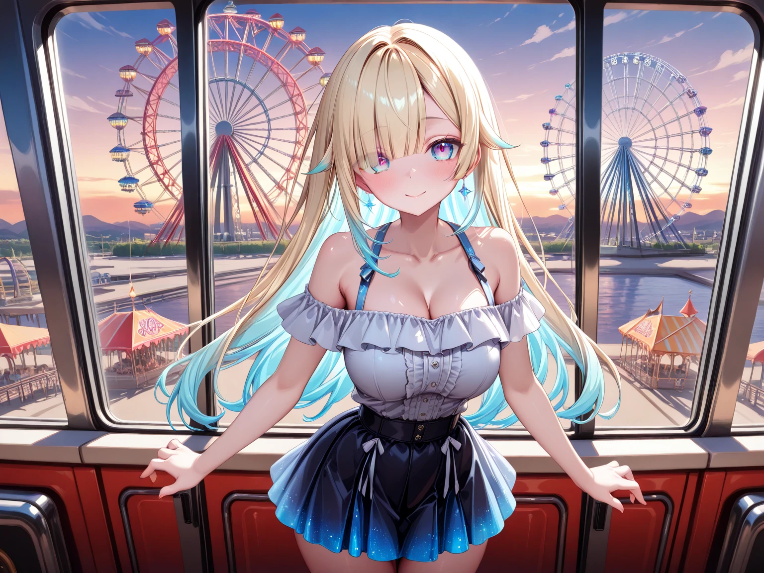 (beautiful detailed eyes:1.4),(eyes focus:1.4),loose  is sheer, button gap,(covered nipples:0.9),breasts,red white gold uniform,(side-tie peek:1.5),(cleavage cutout:1.4), white skirt, white top, red ribbon, golden buttons, golden shoulder pats, young adult, 19 years, (embarrassed,blush:1.5),blonde hair,long hair, open mouth, beautiful brown eyes, (big sagging breast, striking body curves:1.5), horny smile, pink lips, tiny girl, cute sexy pose, masterpiece, (dark midnight, a Ride on the Ferris wheel:1.7), (gravure pose,skirt lift:1.5),( Perfect body skinny beauty: 1.4),
