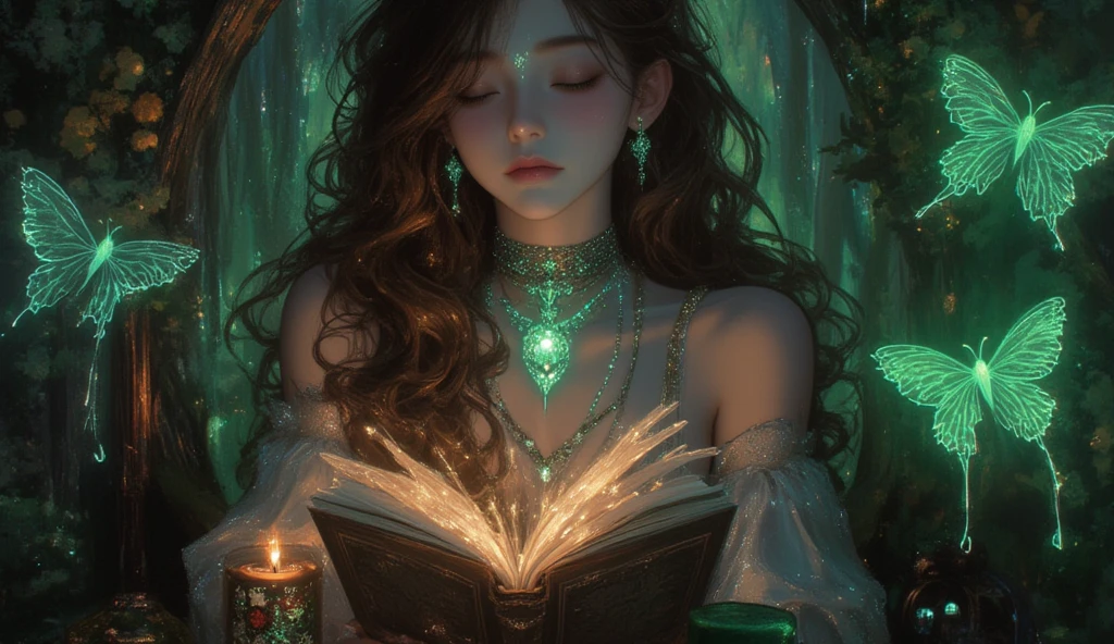 Goddess of the Moon perfect face, sitting on a rock in the forest, reading a magical book, with a stream flowing at her feet, with lit candles illuminating the whole stream, realistic face, flowers and butterflies, R.Giger, WLOP, Artgerm, abstract art, intricate watercolor painting, digital painting, explosion of colors, conceptual art, volumetric lighting, metallic reflections, swirls of glitter, Deco glow, dripping liquid stars and galaxies, 3D render, 8k. Milkyway Galaxy, trend in artstation