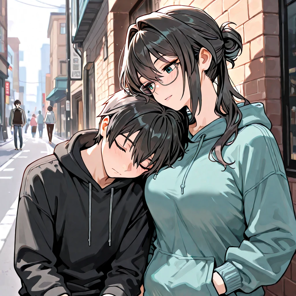 1girl, 1boy, carrying, piggyback, outdoors, breast, sad, flustered, evening, night, alley,