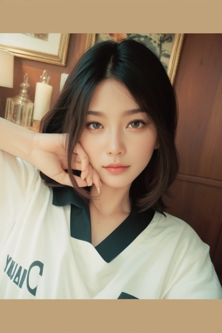 NSFW、（Big Tits、valley）、Beauty、Double eyelids、Tear bags、Big, round eyes、Long eyelashes、Hanging eyes、Wearing a Hanshin T-shirt、Having a beer at the baseball park、smile