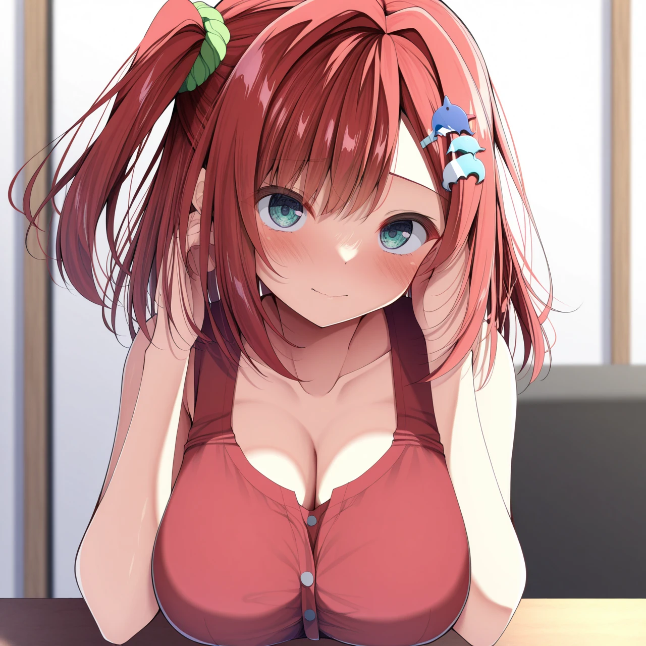 absurd, 8K, high resolution, Ultra-detailliert, beautiful, Meisterwerk, best quality, very pretty woman, Jung, rotes Haar, sexy, (very huge breasts: 1.6), (geflochtener Pferdeschwanz: 1.5) detailliertes Frauengesicht, Sehr attraktiv, karierter Minirock , schulterfreies T-Shirt, gelber BH,