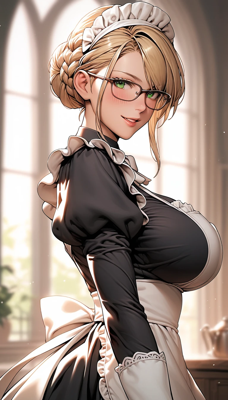 1girl, natural lighting, masterpiece, highly detailed, illustration, game CG, absurdres, high quality, aichan, large breasts, beautiful detailed eyes, medium blonde hair, ponytail, bangs, glossy lips, light smile, cafe, bunny ears, detached collar, wrist cuffs, strapless leotard, fishnets, leaning forward, looking at viewer, glasses