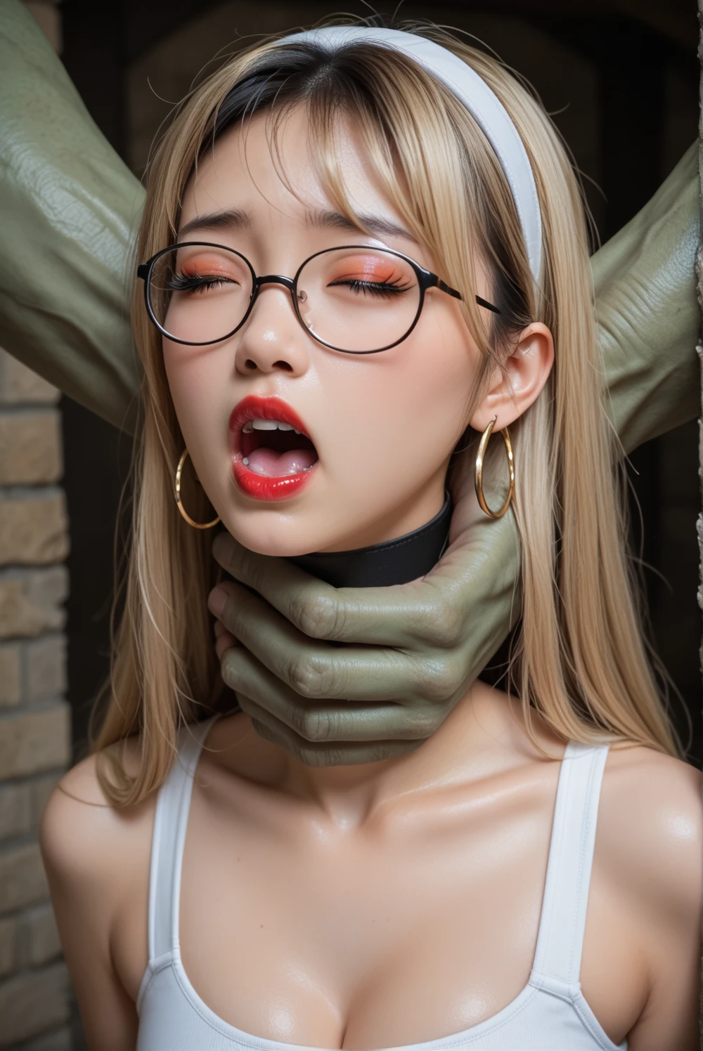 top-quality、超A high resolution、A hyper-realistic、(Photorealsitic:2.0)、(((Image of one girl:1.6)))、((Topless woman:1.6))、((No clothes:2.0))、((very fair-skinned woman:2.0))、(Platinum Blonde Woman:2.0)、((Very shiny skin:1.5))、((woman looks at the viewer、Embarrassed look:1.6))、(a woman with big eyes)、(Beautuful Women)、(So Huge Breasts:1.5)、(big butts:1.2)、((concrete wall dungeon))、((Woman tied to a chair in a dungeon.:1.5))、bound arms 、arms behind back、Bound arms,、arms behind back、((Woman tied up with rope 1.5))、((Bind))、((A woman whose legs are tied apart:1.5))、