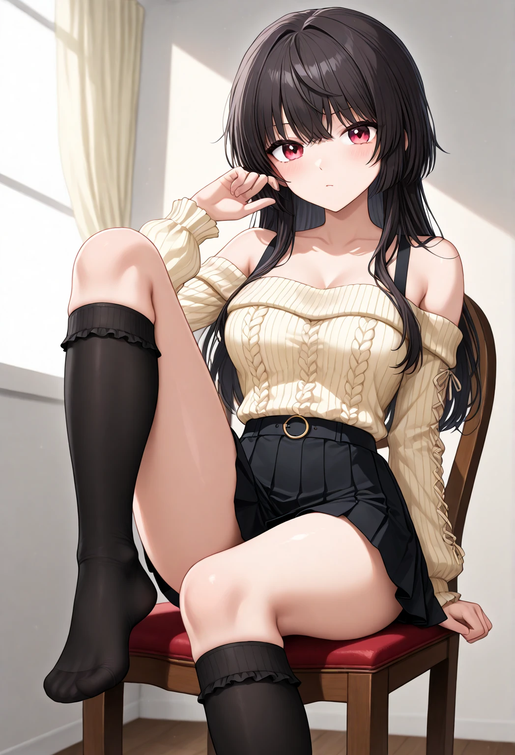 (mesa, of the highest quality, High resolution, , pixel perfect, 4k,), 1 girl, single, alone, beautiful woman、I could see the whole body、 ((Medium Length Wavy Hair, hits, Brown hair)), ((Brown eyes, Beautiful eyelashes, realist eyes)), ((detailed face, blush:1.2)), ((Smooth texture:0.75, realist texture:0.65, realist:1.1, cg anime style)), big breasts, wide hips, dynamic angle, perfect body, ((, teacher, , earrings、collar、Sleeveless turtleneck sweater black knee-length stockings、((open both legs wide、open both knees))、tight leather skirt、shy smile、Sitting in the pulpit、emphasize the chest)), superior grade、、、evening、、(You can see the white lace panties.、、(、)、angle from below)、