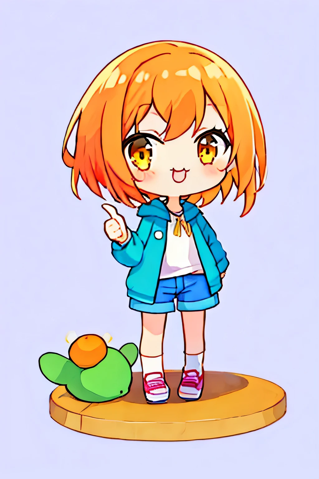 Anime style, 1girl, A , full body, solo, Smile, chibi, Pointing, stAnding on one leg,:3,Open Mouth, meme, pArody, ryzkkAoru_, ryuzAki kAoru, short hAir, yellow eyes, orAnge hAir, Denim Shorts, socks, Hooded Down, chibi, cute , pAstel colour, cute bAckground, cute style,