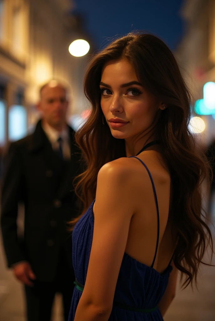 Breathtaking portrait of a gorgeous young woman with long dark hair with blonde streaks.., approximately 20 years, big natural , in an evening dress, Standing at night on a busy street in Paris.. The woman exudes confidence and charisma., I walk confidently along a cobbled street., her dark blue eyes sparkle with intrigue. her long, flowing hair cascades over her shoulders, framing her face with a golden halo. The warm glow of the street lamps highlights the subtle blonde highlights in her brunette locks...., creating a fascinating play of light and shadow. Her ample breasts are tastefully on display, adding a touch of sensuality to the image. In the background is a vibrant panorama of Parisian nightlife.., with people, walking along the sidewalk, chatting in a cafe, and enjoy the lively atmosphere of the city. The image is captured in stunning high definition.., showing off every detail of a woman'flawless skin, delicate strands of her hair, and the bustling Parisian cityscape. The scene exudes an immersive cinematic quality.., transporting the viewer into the world of Parisian charm.