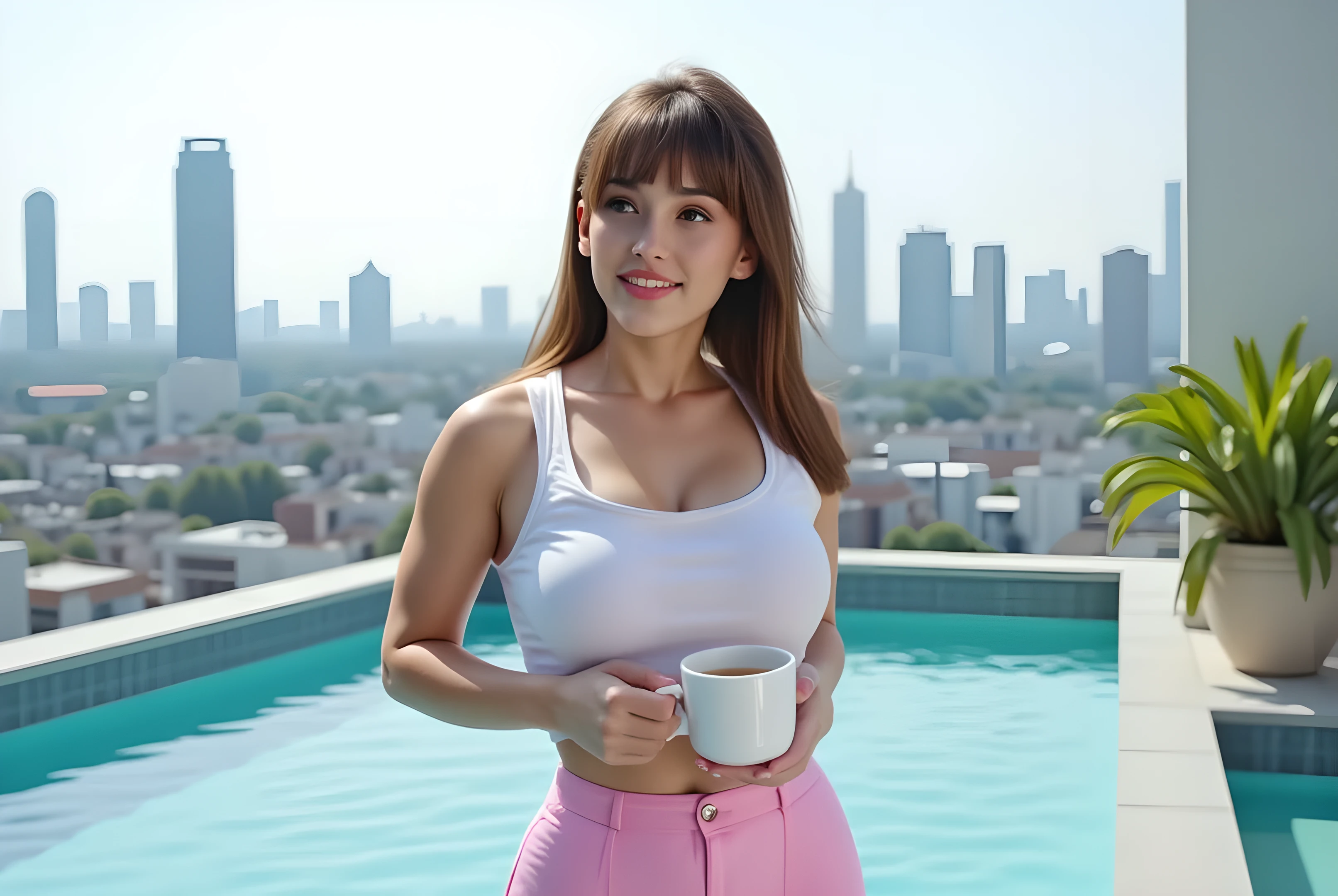 Side view, full body, She is 18 years old and slender with white skin and brown hair and brown eyes. Twin tail hair model and full bangs, natural make up, (big breast:1.5), with white crop top pink accents, pink short pan, soak in a bubble bath on the rooftop, with a view of skyscrapers, blue sky, very graceful pose depicts extraordinary beauty, white shoes, slim body, sexy body, sensuality, adorable , 4k, morning atmosphere with a beautiful rural view, candid, professional photography, take by fujifilm xt 5, full body, holding a cup of coffee