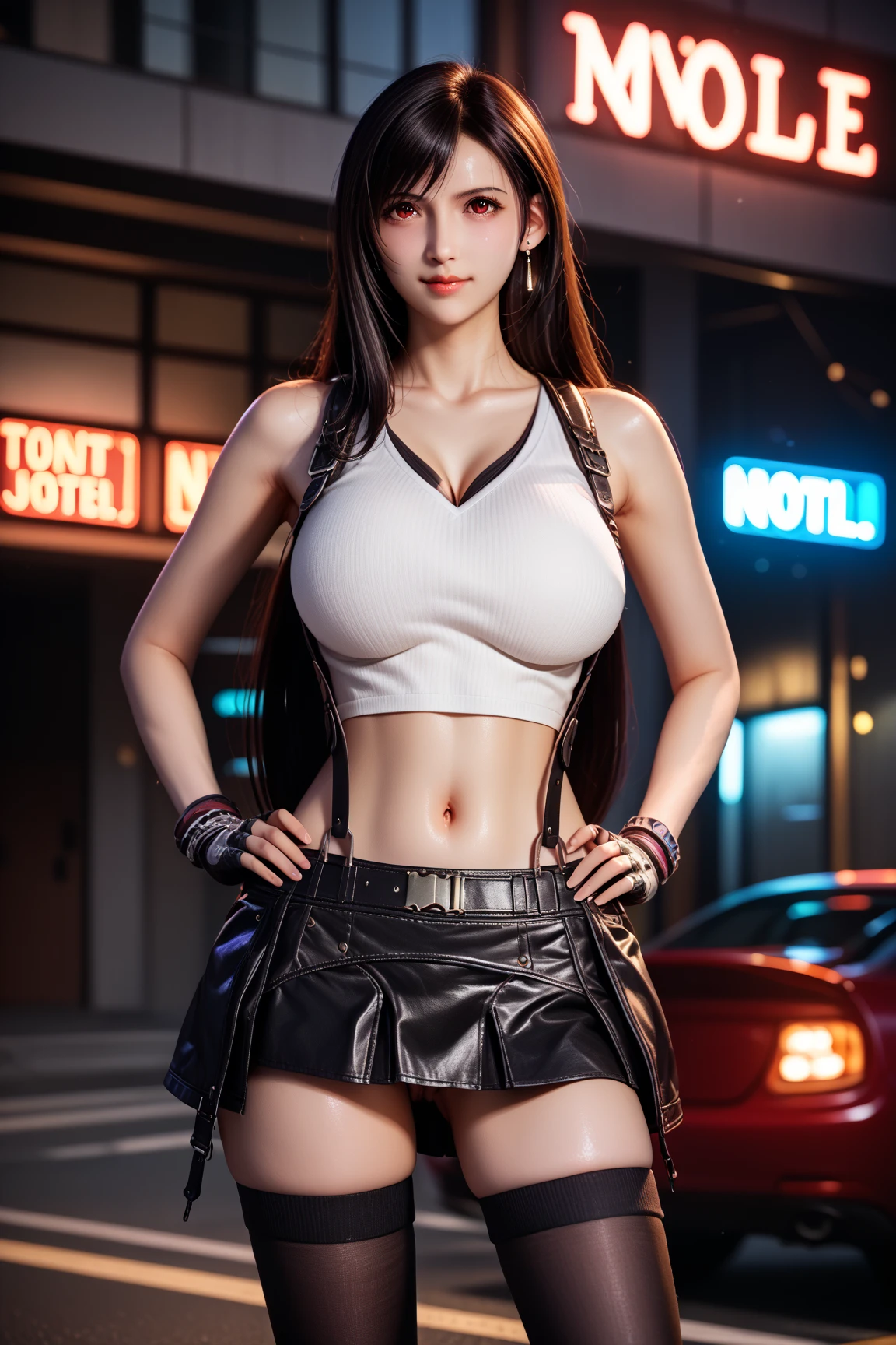 official art, unity 8k wallpaper, ultra detailed, beautiful and aesthetic, masterpiece, best quality, 1girl, extremely detailed, dynamic angle, cowboyshot, the most beautiful form of chaos, elegant, a brutalist designed, vivid colours, romanticism, yoshitaka amano, frank frazetta, atmospheric. Tifa lockhart, long black hair, red eyes, hair bangs, (white tank top:1.5), white top, black miniskirt, suspenders, stockings, (huge breasts:1.5), cleavage, on a beach, sunshine,  bokeh background, (red eyes:1.5)one girl, 1 girl, thin waist, wide hips, exposed abdomen, toned abs, toned arms, close up --auto