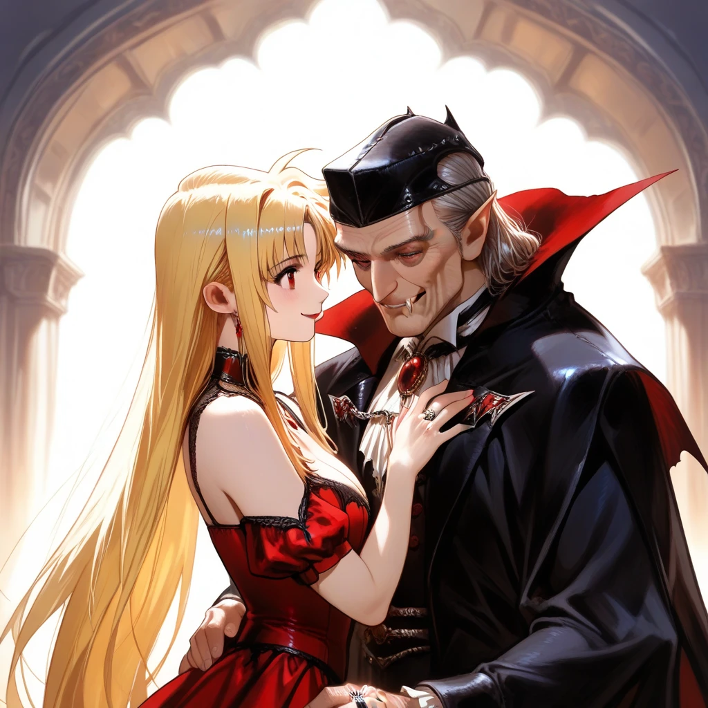 ((Highest quality)), ((masterpiece)), (detailed), (Perfect Face)、The woman is Princess Leona, a vampire and Countess of Dracula, with medium-long light brown hair, a gorgeous jeweled black dress and a vampire cloak, and is embracing the dignified elderly Count Dracula.