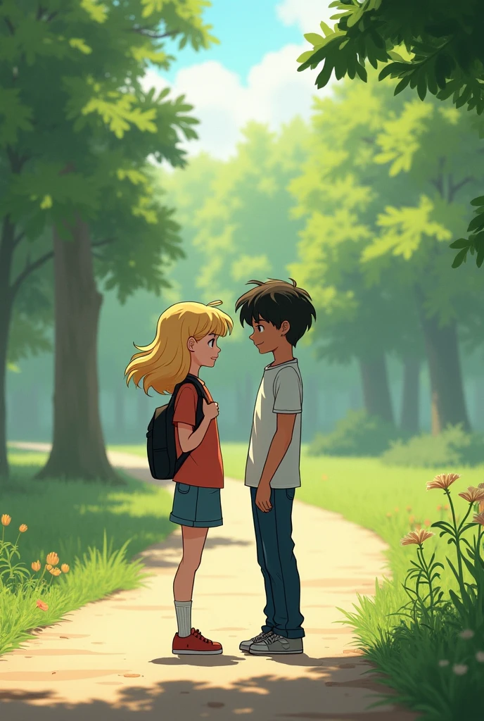 A blue-eyed girl with a green-eyed boy in the park, while they are awkwardly distanced
