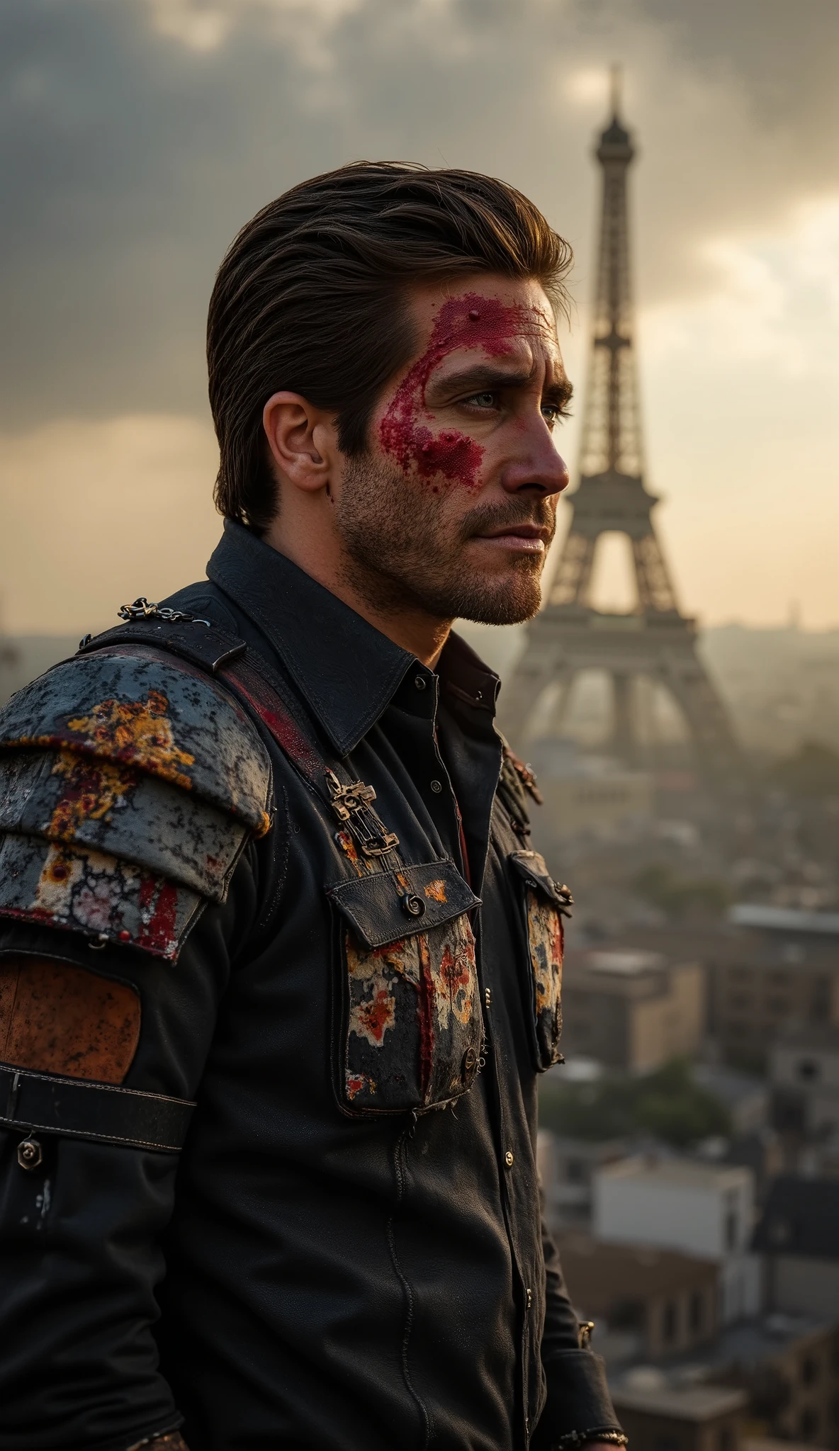 Jake Gyllenhaal as Havik in hyper-realistic version, partially disfigured face with scars and red war paint, insane and intense expression, torn gothic armor with darkened metallic details, chains hanging over the shoulders, rebellious and chaotic posture. upper body highlighted. Cinematic background of a destroyed Paris, with the ruined Eiffel Tower in the background, smoke rising from rubble, dark sky with orange and gray tones, apocalyptic atmosphere . Dramatic palette in black, ferrugem e vermelho.