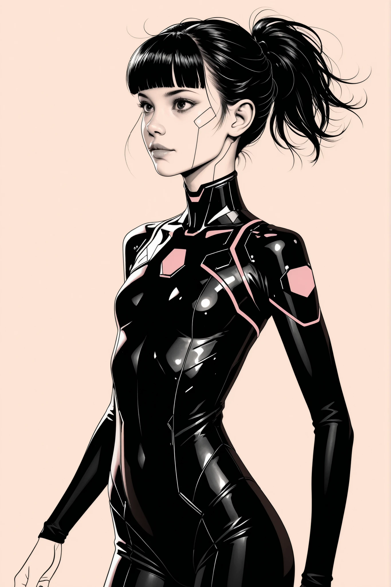 (masterpeace), high quality, (whole body:1.5),((Line Art: 1.5)), ((sci-fi comic style)), ((monochrome)), simple background, action, europian comic, pop and cool, artistic,
BREAK
A young girl wearing a black bodysuit, black pants, ((tactical helmet)), (cyberpunk: 1.3), high detail mechanic style,
BREAK
((beautiful face: 1.5)), (realistic face: 1.3), (black hair: 1.5), blunt bangs, (slim body: 1.5), cyber suit,
BREAK
anatomically correct, biologically accurate, normal number of fingers, natural limbs, well-proportioned body, best quality, 8k, HD