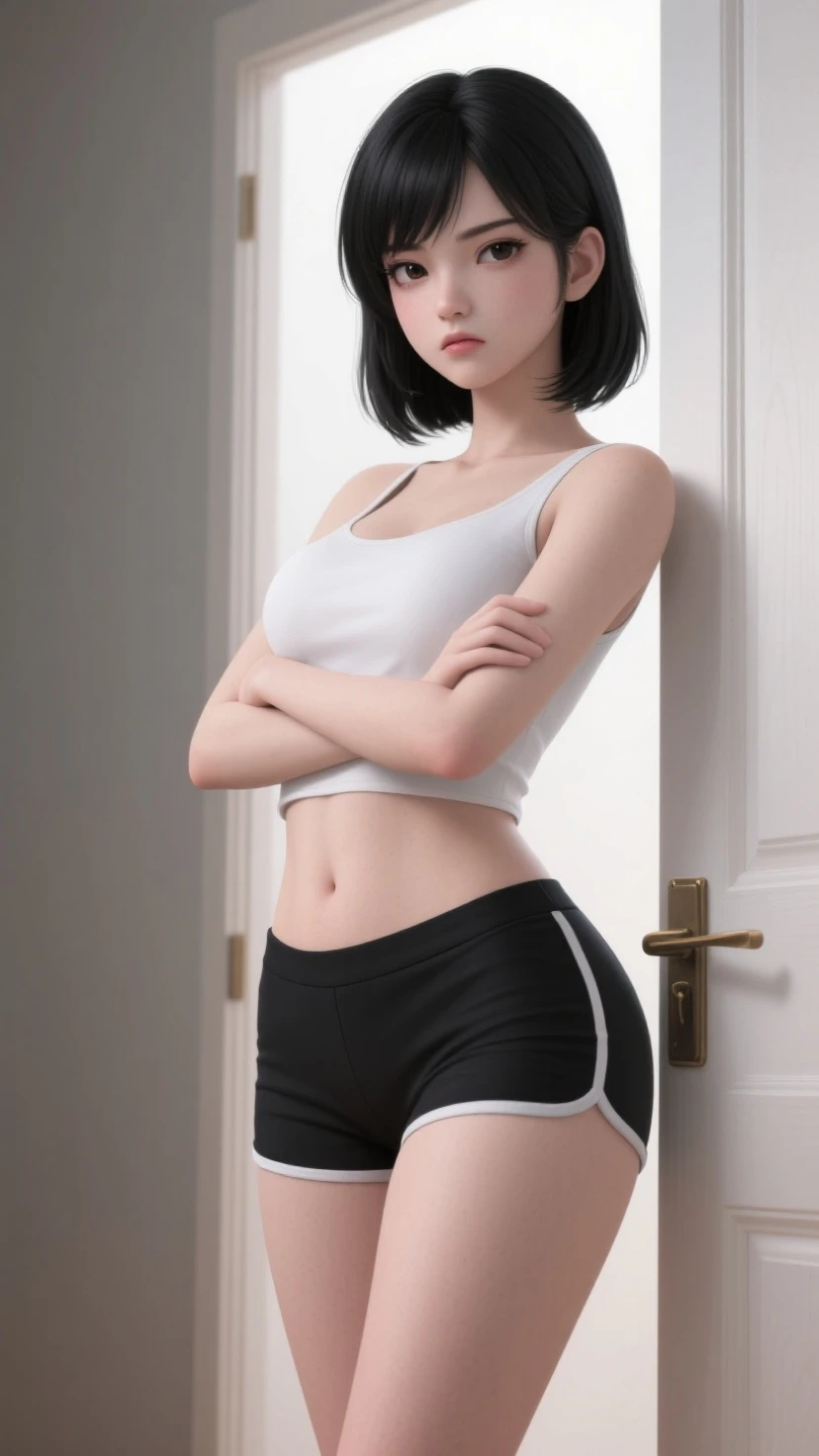 Short hair, tomboy with medium chest,Wear intimate clothing,Sweaty black skin