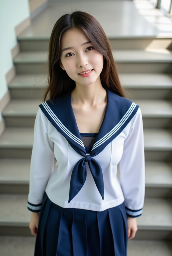 8K, Ultra-high resolution, Highest quality, masterpiece, 三分割法によるphotograph,Surreal, photograph, 1 girl, (16 years old:1.3), pretty girl, Cute face, Beautiful eyes in every detail, 細かくdetailedに,masterpiece,, One Girl:1.2, Japan Female Announcer,whole body、Black Hair、well-groomed eyebrows、Cute Lip Makeup、Calm atmosphere、A short-sleeved shiny dark sailor suit、White sailor collar、Navy blue pleated skirt、Red ribbon、White Stockings、Standing by the window of a classroom、Cute gestures、so beautiful,A carefree smile,Healing the heart,(twin braids),Looking at the audience、beauty,Long neck、Laugh a little、Please close your mouth and laugh、(((Ideal body type))),A-cup small breasts :2,、Portraiture:2、Perfect Anatomy、鮮明なdetailed、detailed、Surreal、Light and shadow,Strong light