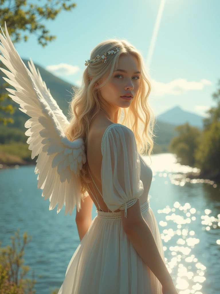 8k, RAW photo, best quality, ultra high resolution, (photorealistic), realistic photo of skinny blonde girl angel with big white wings, (skinny blonde girl, 20 years old, most beautiful slavic girl in the world, slim face, blue eyes, blonde hair, wavy hair), in the field, hills, sunset, bright light, (full body picture), standing posing for picture, angel, spread white wings, (white feather wings), (halo), ((aura)), holy spirit, (wearing white see through sundress, (white translucent dress)), ((looking at viewer)), submissive look, epic, (extremely detailed CG unity 8k wallpaper), Sharp focus, (bright light)