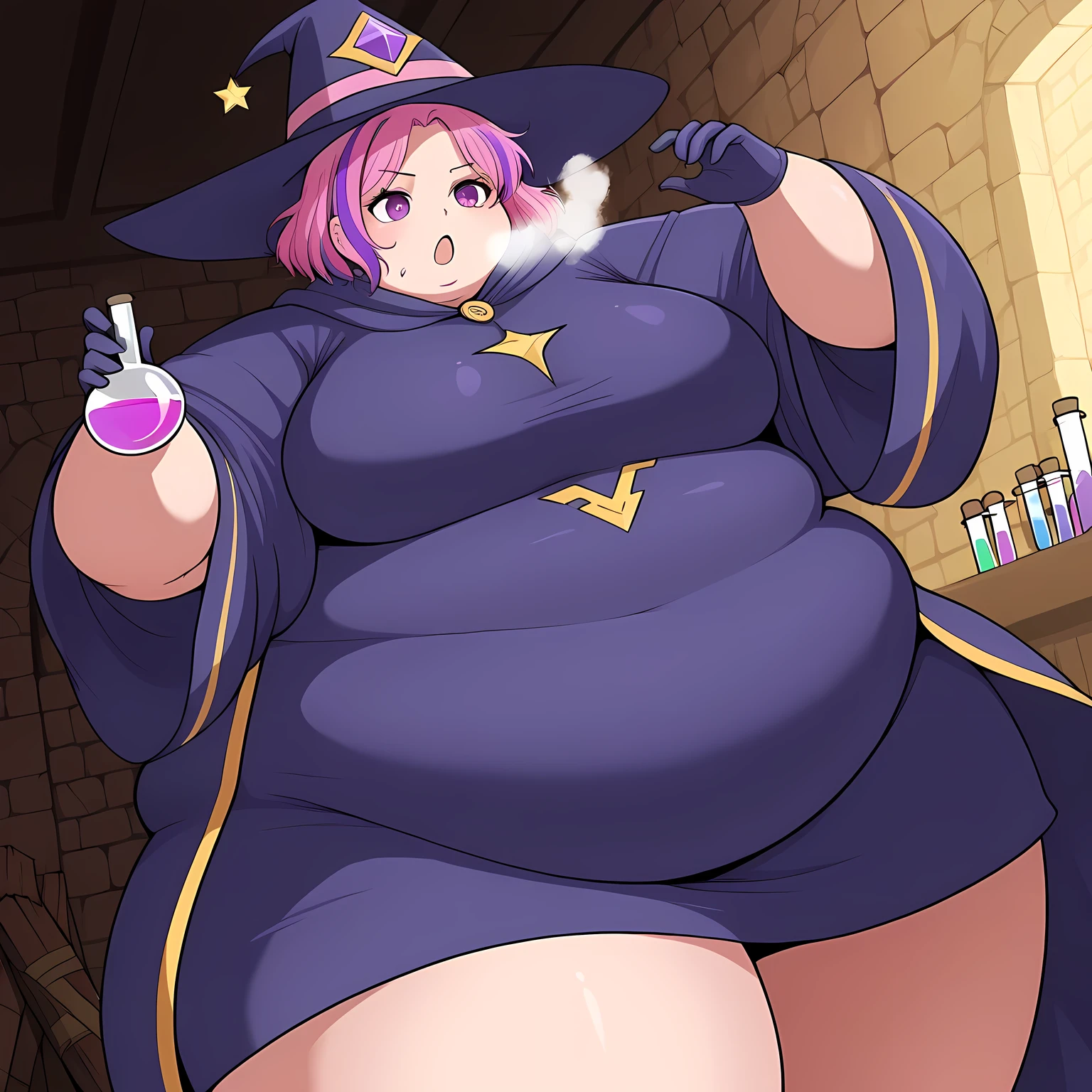 Beautiful brunette mage girl, she's wearing flowing robes, she has a decent figure, she has a staff and a book of spells, her hair is long and braided, she radiates with magical energy, she's in a dark dungeon, she's wearing heavy adventuring clothes, she's wearing a leather skirt, she's wearing a heavy linen shirt, her pants are tight, she's wearing a belt that's tight around her waist, her thighs are thick, she has belly chub, her shirt is tucked into her pants, her shirt is tight, her hips are wide, medium oppai, she has a few buttons undone on her shirt, cleavage, her skirt is tight on her hips and thighs, her belly is pudgy and plump, her belly is chubby, her clothes hug her plush and plump body, she's very obese, her arms are fat, her legs are very fat, her arms are swollen with fat