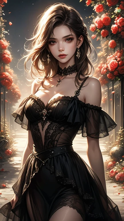 high details, best quality, 16k, RAW, [best detailed], masterpiece, best quality, (extremely detailed), full body, ultra wide shot, photorealistic, dark fantasy art, goth art, RPG art, D&D art, a picture of a dark female fairy showing flowers in a florist shop, extremely beautifil fairy, ultra feminine (intense details, Masterpiece, best quality), best detailed face (intense details, Masterpiece, best quality), having wide butterfly wings, spread buterfly wings (intense details, Masterpiece, best quality), dark colors wings (intense details, Masterpiece, best quality), black hair, long hair, shinning hair, flowing hair, shy smile, innocent smile, blue eyes, dark red lips, wearing red skirt, dynamic elegant shirt, chocker, wearing high heels, in flower shop (intense details, Masterpiece, best quality), [extreme many flowers] (intense details, Masterpiece, best quality), dark colorful flowers (intense details, Masterpiece, best quality), flower shop in a dark goth era street background, High Detail, Ultra High Quality, High Resolution, 16K Resolution, Ultra HD Pictures, 3D rendering Ultra Realistic, Clear Details, Realistic Detail, Ultra High Definition