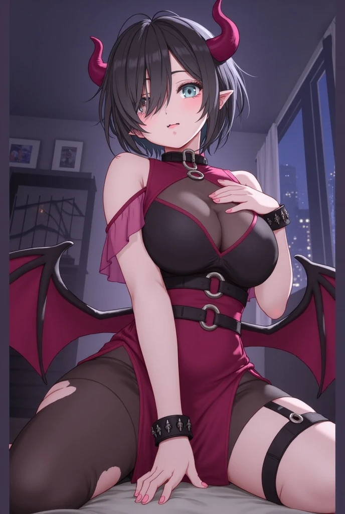 Devil Girl, Black Hair, Pointed Ears, Yellow Eyes, short hair, choker, , Devil horns, Devil&#39;s Tail, Red Corner, break (Sticking out tongue:1.2, Black mini skirt:1.2, Gold Bikini:1.5, Gold Micro Bikini, shirt:1.2), (Red skin:1.8), Shiny skin, On the bed, pillow, break large breasts, Wide Hips, Open your mouth, Nipples, Happy, smile, Blushing, Breath Cheek, Sweat, Take off, break (Focus on the girl),