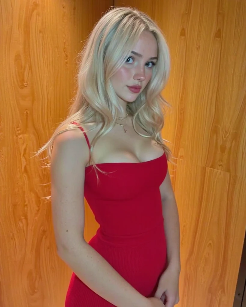 blond hair, woman, long ponytail, choker, looking at viewer, legs wide open, red dress, sitting, swimming pool, showing pussy, slim face, British