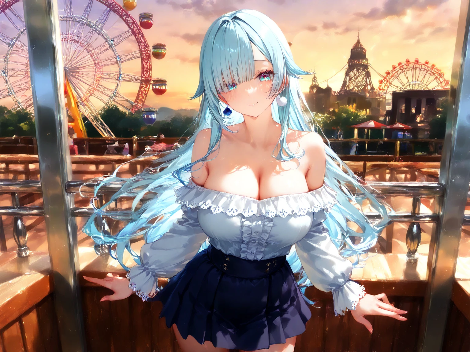 masterpiece, best quality, high resolution, 1 girl, hair, long hair, Bangs, Brown eyes, (Huge breasts、Cleavage, cleveage、Thick thighs)), Perfect body、,  White shirt, Black skirt, Plaid skirt, Smile, amusement park，Exposure，No cover up, No underwear,  No underwear，