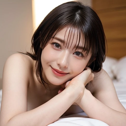 (Completely naked:1.4), Urzan-6500-v1.1, (RAW Photos:1.2), (Realistic:1.4), Beautiful detailed girl, Very detailed eyes and face, Beautiful attention to detail, ファイルサイズがbig, (big), High resolution, Very detailed, Highest quality, [masterpiece:1.6], figure, Very detailed, CG, The finer details, Highest quality, Extremely detailed CG, 8K, wallpaper, Cinema Lighting, 1 Girl, 17 years old, Cute Japanese Schoolgirl, Perfect figure,  Large, firm breasts, [Huge breasts, Heavy chest: 1.6], Cute droopy eyes, Beautiful big eyes, Sweaty and wet, [sexual excitement: 1.1], [sexual excitement: 1.1] Lying in bed: 1.5], Raise your hand,  Ribbon on neck, smile, (My whole body is wet), Shining Eyes