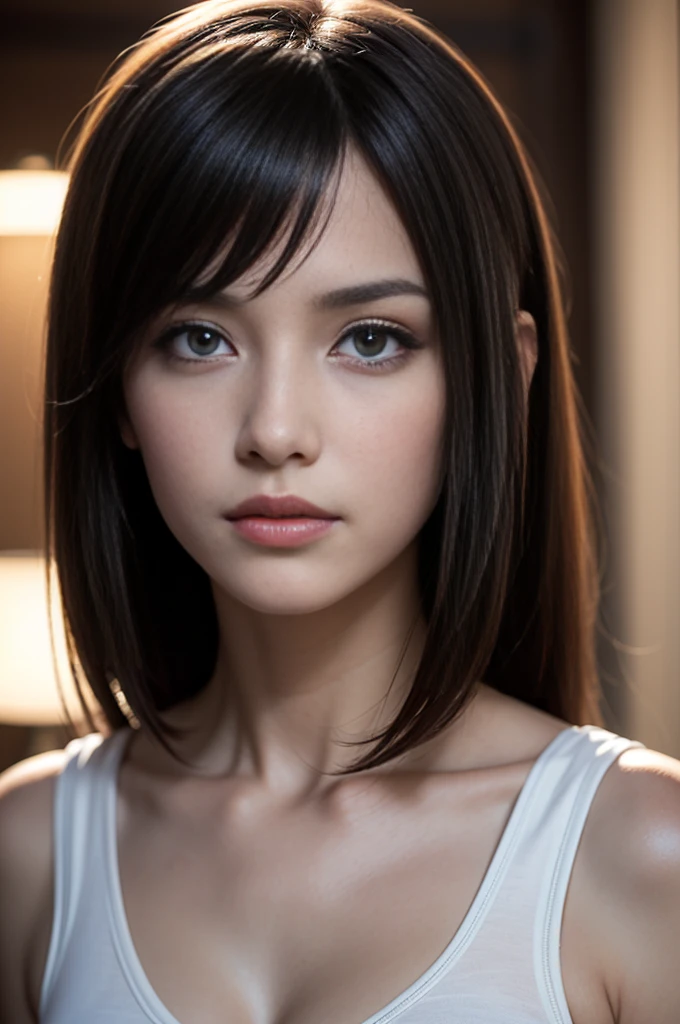 (Full body:1) of a young girl, smart casual, hacker's server room, detailed face, ((cool facial expression)), (straight short thin fringe hair:1.2), ultra detailed photograph, (photorealistic), (intricate details:1),(masterpiece :1), (best quality:1), ultra high res, (detailed eyes), (detailed facial features), HDR, 8k resolution, (lens flare:0.5), light from far behind, (smile, joy) 