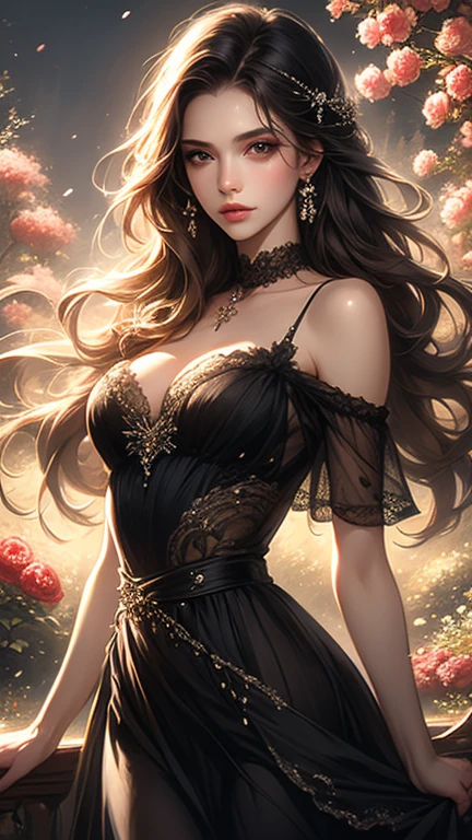 a beautiful young lady, wearing a long evening tight gown with a slit, long hand glove, beautiful hair, front pictures, 8k, highest quality, long hair, anime vision, fantasy, curve body, sparkling jewelry,