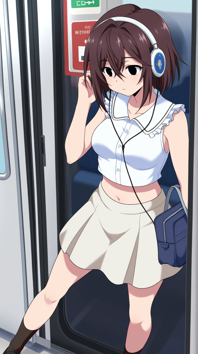 On a train, a molester is unhooking the back of a floral bra from a topless girl in a checked skirt, with short black bob hair and small breasts, who is crying in disgust.