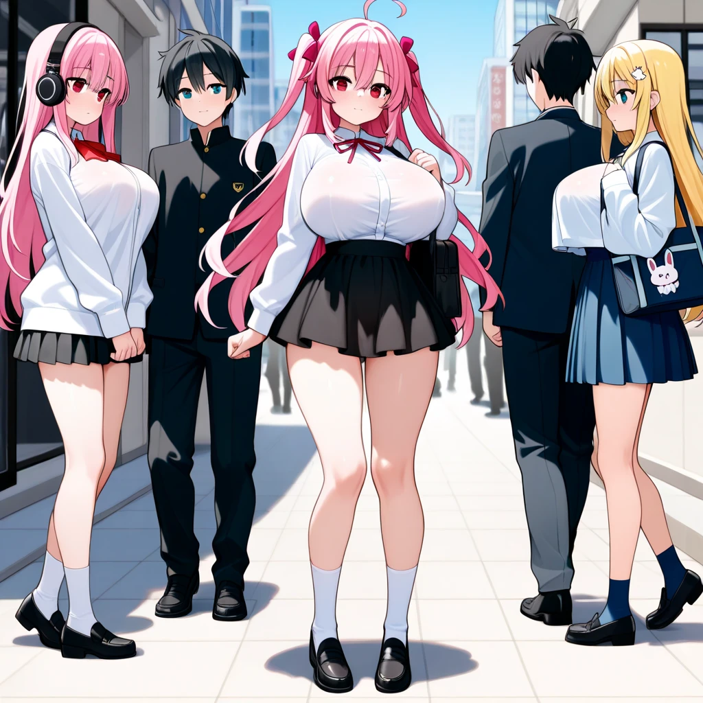 (masterpiece, top quality, highly detailed, 16k anime high resolution, anime style, clean brush strokes, highly detailed, anatomically perfect body), ((mafuyu kirisu)), solo, sexy, perfect Face, beautiful smile, long hair, pink hair, beautifully detailed eyes, blue eyes, hair between the eyes, braids, glamorous body, (large chest: 1.6), (jacket, black), (white Y-shirt, long sleeves) ), (white bra, under the shirt), (red skirt, skirt, suit), brown pantyhose, (white lace panties, under the pantyhose), black high heels,, firm stomach, wide Hips: 1.0, (big buttocks: 1.4), tall, plump legs, long legs, (standing, front), (stretching legs and kicking, forward, legs apart), forward facing, (city background, crowd), low angle photo,