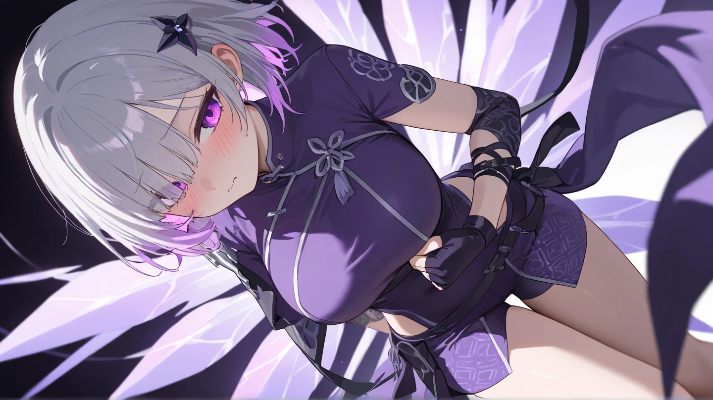 profile background, anime girl, serious face, fringe, short white hair, eyes purple, martial arts clothing, high-res portrait, detailed eyes and face, character, fantasy, with a blue dragon behind, advanced urban, looking from behind at viewer, 4K, high resolution