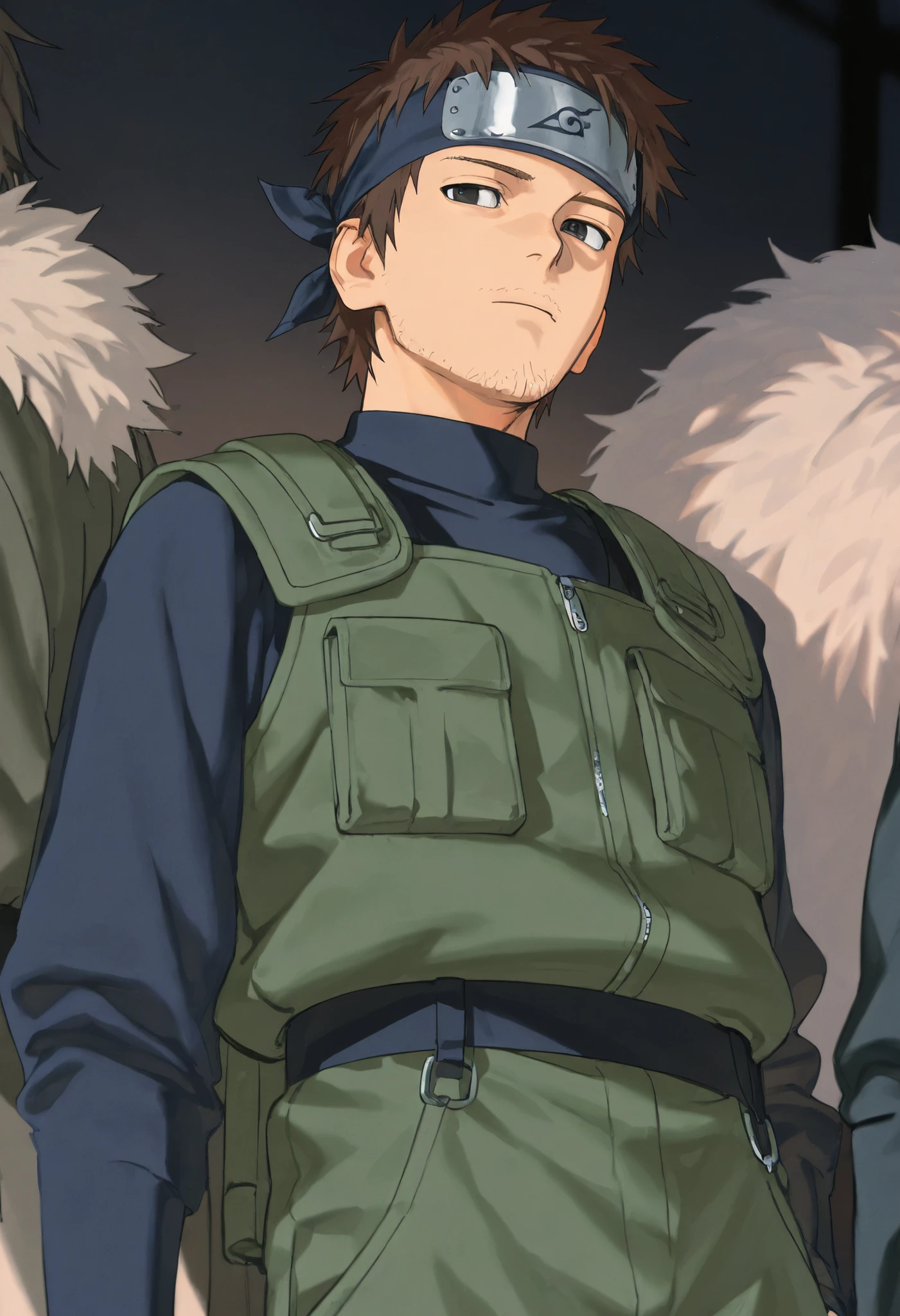 score_9, score_8_above, score_7_above, score_6_above, \(quality\), 1male, medium fluffy brown hair, taller frame, stubble facial hair, tied tuck, dark eyes, wearing a dark blue overalls, long sleeve, ninja bandana, dark green vest,Colored_NarutoManga_ownwaifu,