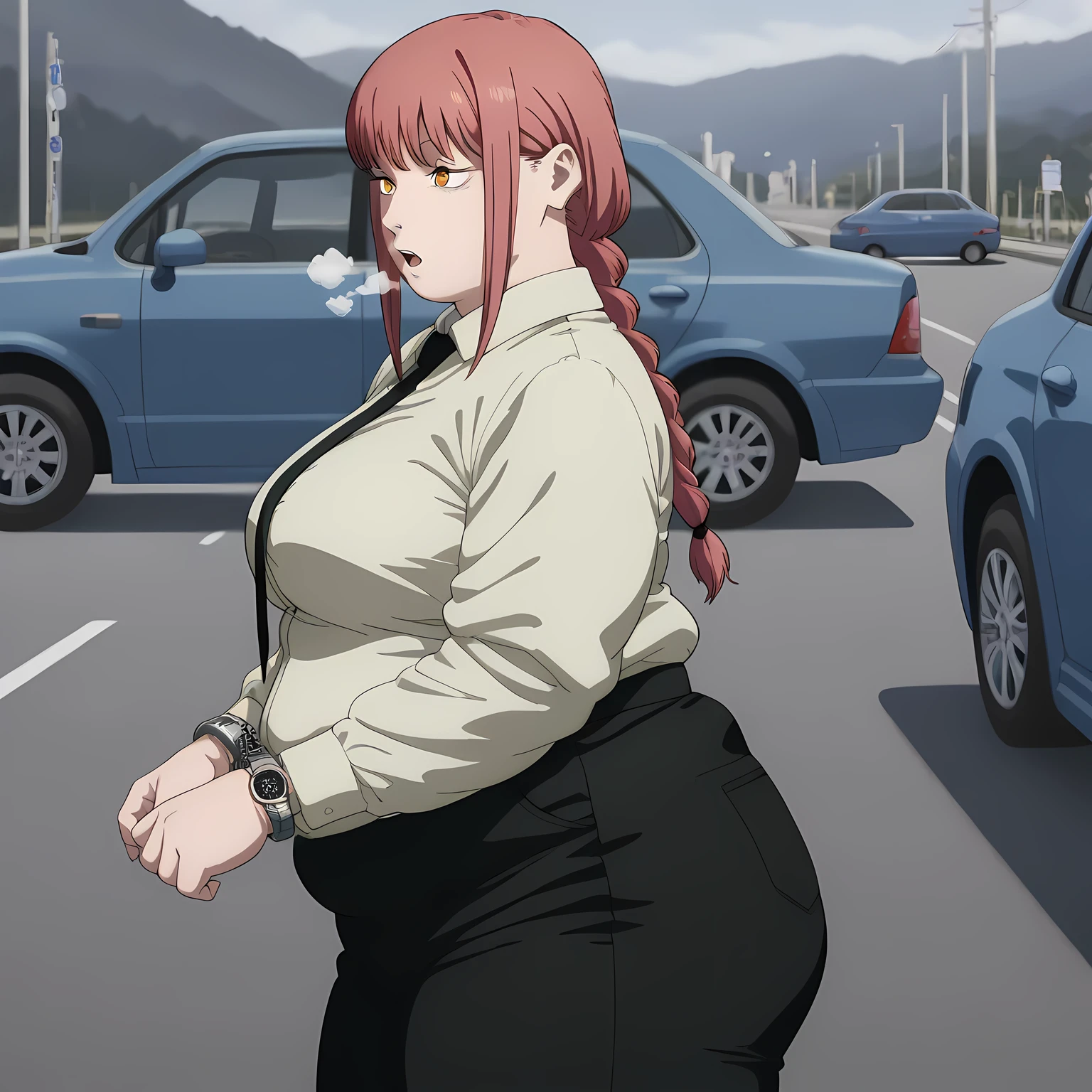 masterpiece, Highest Quality, great quality,, Makima, Makima (chainsaw man), long hair, bungs, yellow eyes, braid, red hair, braided ponytail, Puffy Eyes, mature woman, medium chest, anime screen capture, pants, Office Lady,, was handcuffed behind, Bend down ,, road, car, asphalt, trip, speed, cowboy shot, solo, Watch Viewers、from side, fat, chubby, obese, gigantic arms and legs, large breasts open mouth, out of breath