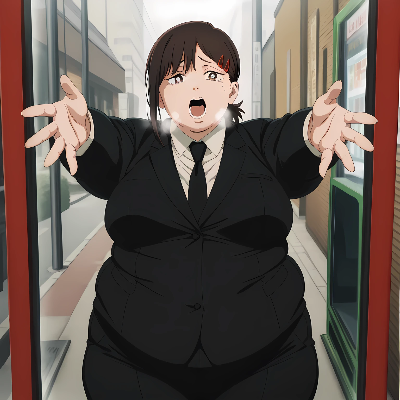 masterpiece, 1girl behind a doorway, from front, (doorstuck, stuckfront:1.3), wide hips,  thick thighs, shortstack, short woman, small height, mature, standing, full body, obese, fatty, out of shape, bbw, ssbbw, wearing suit and tie and formal pants, kobeni Higashiyama